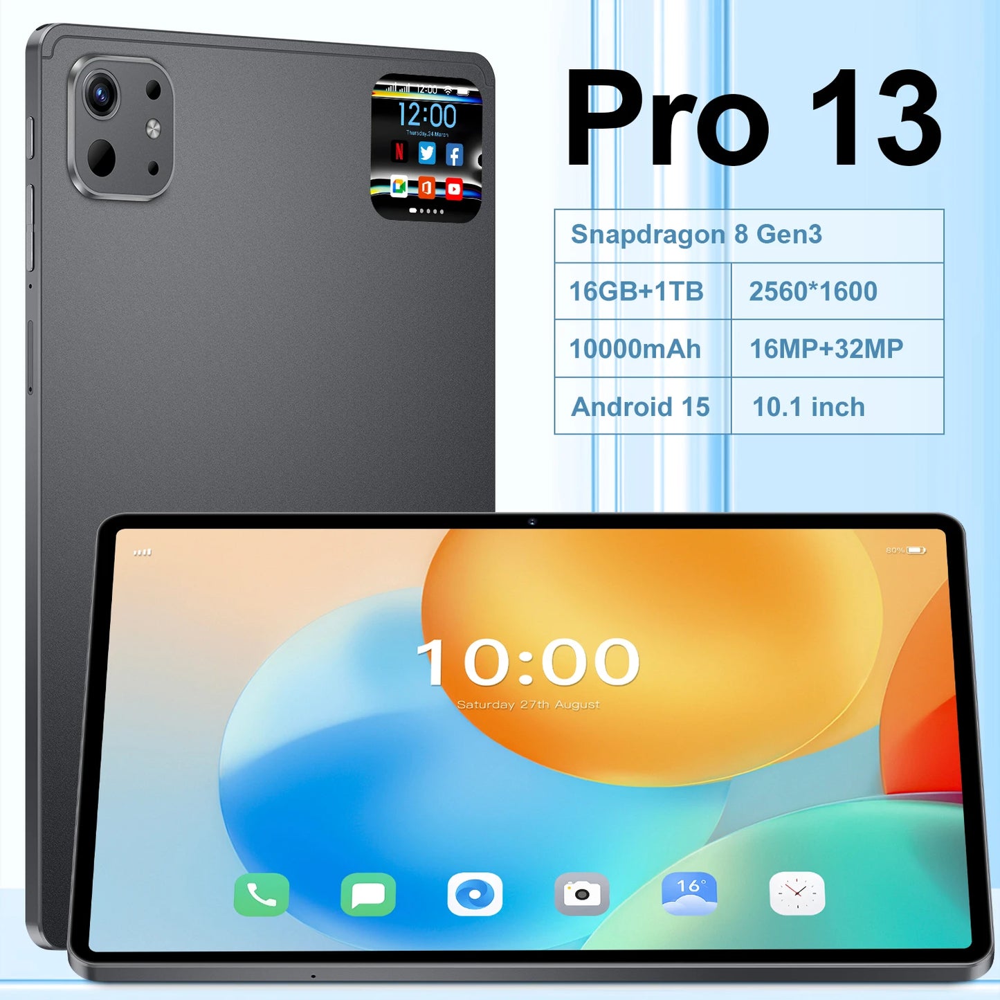 Pro 13 Tablet – 10.1'', 16GB+1TB, 5G WiFi, Fingerprint Unlock, 10000mAh