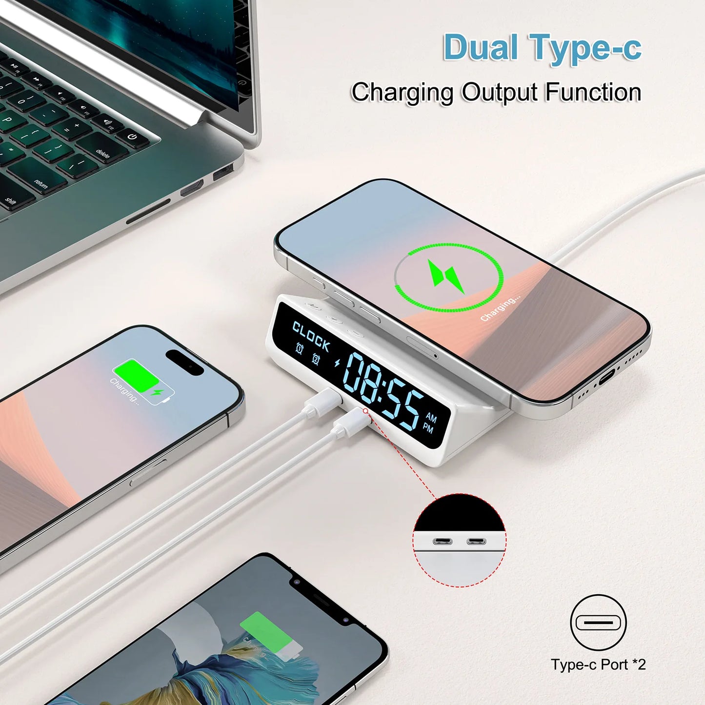 15W Fast Magnetic Wireless Charger – Dual PD, LED Clock & Alarm
