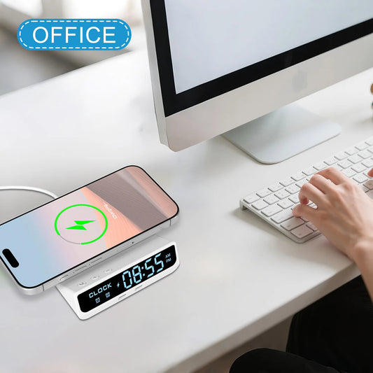 15W Fast Magnetic Wireless Charger – Dual PD, LED Clock & Alarm