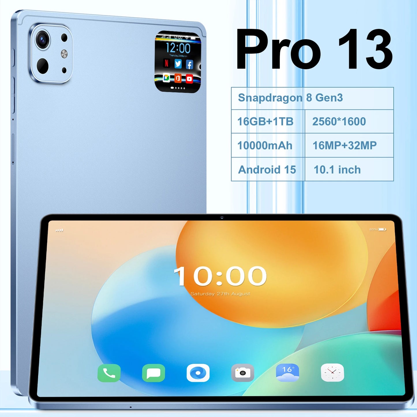 Pro 13 Tablet – 10.1'', 16GB+1TB, 5G WiFi, Fingerprint Unlock, 10000mAh