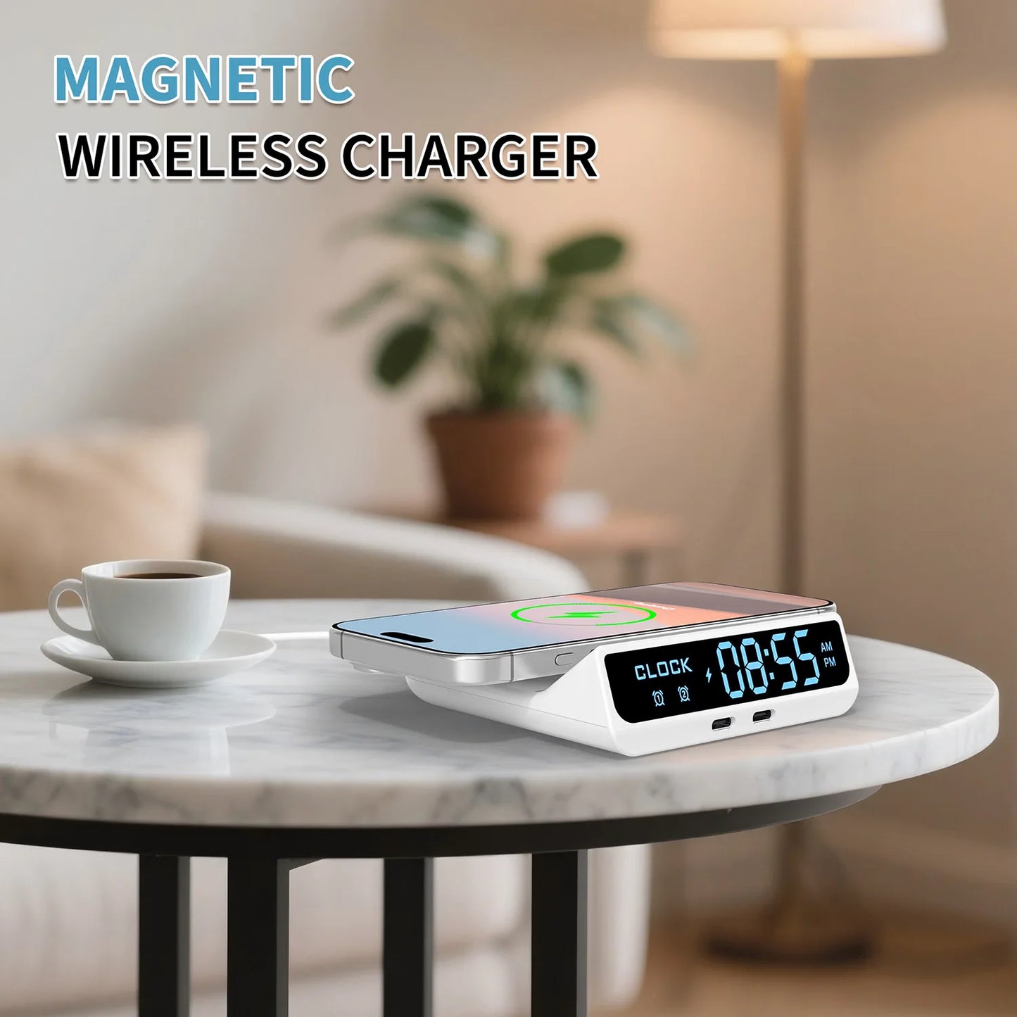 15W Fast Magnetic Wireless Charger – Dual PD, LED Clock & Alarm