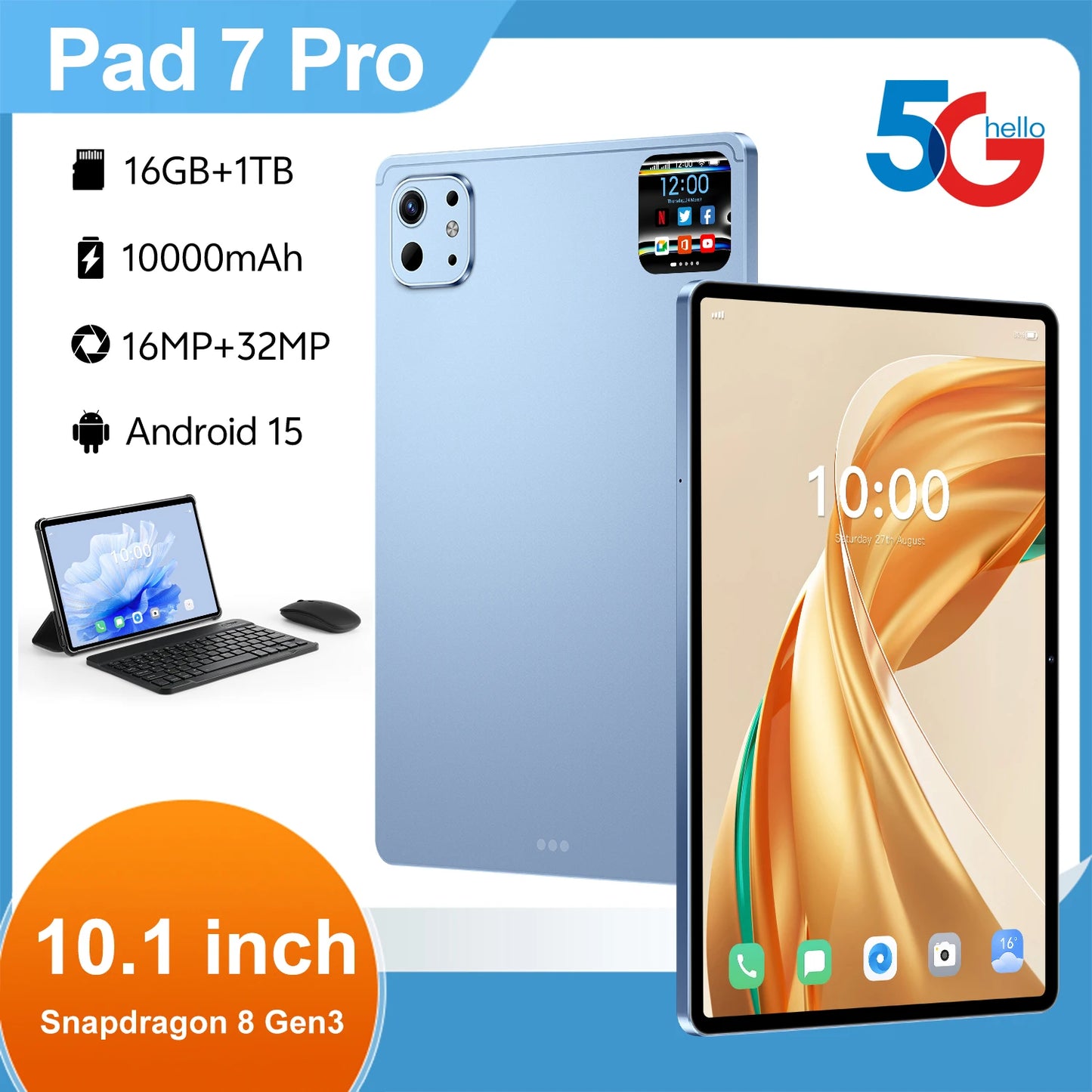 Pro 13 Tablet – 10.1'', 16GB+1TB, 5G WiFi, Fingerprint Unlock, 10000mAh
