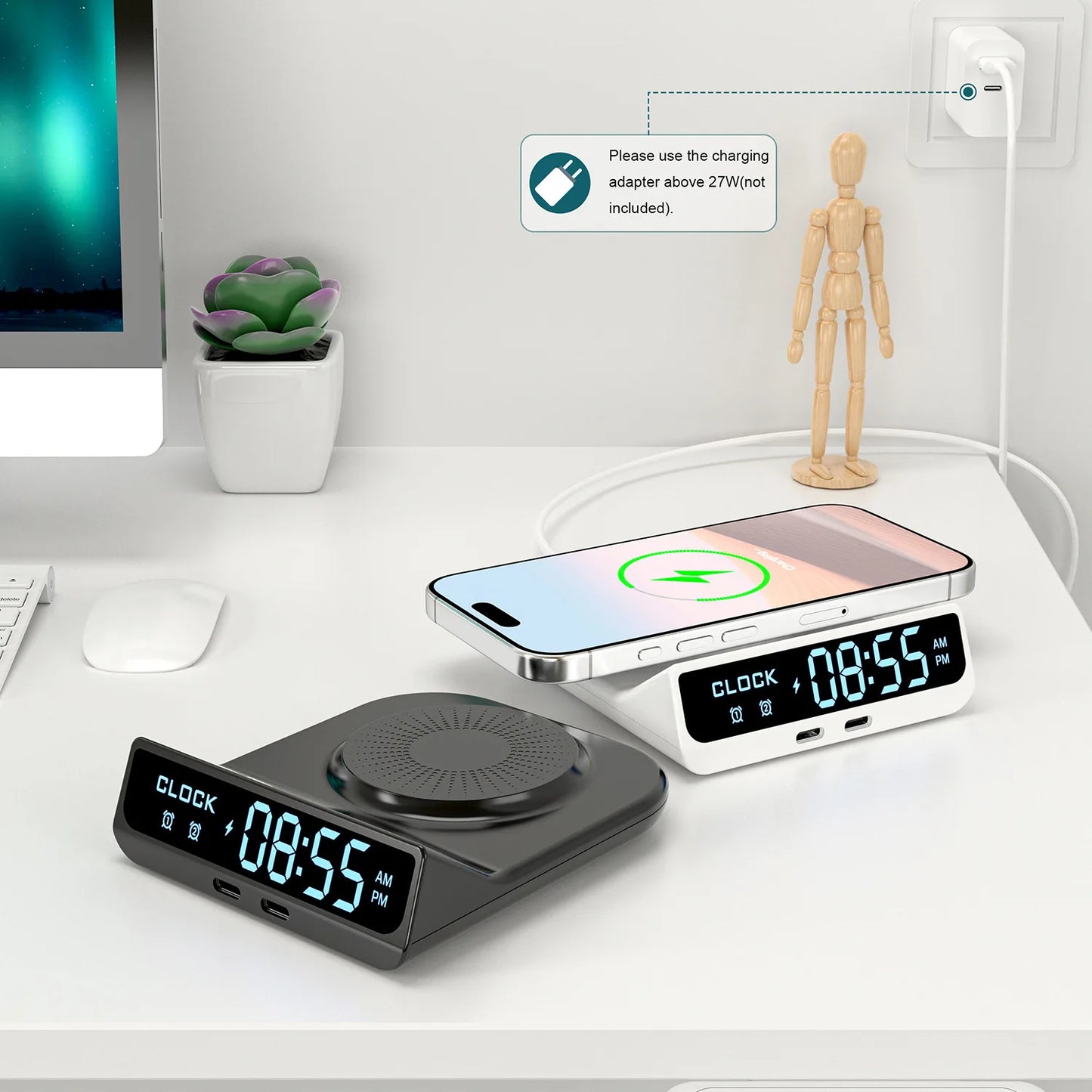 15W Fast Magnetic Wireless Charger – Dual PD, LED Clock & Alarm