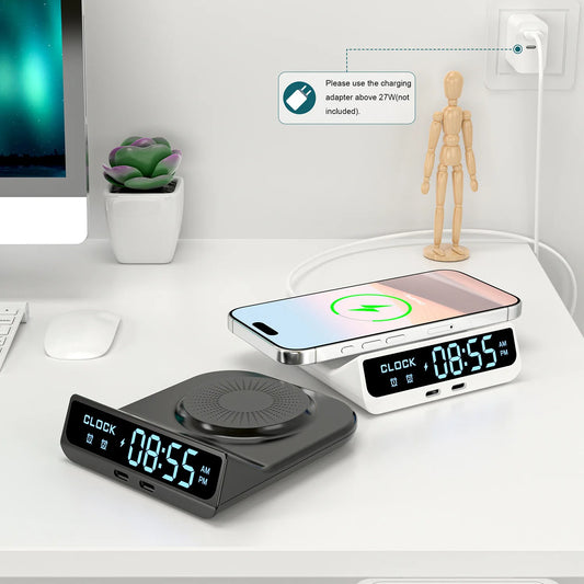 15W Fast Magnetic Wireless Charger – Dual PD, LED Clock & Alarm