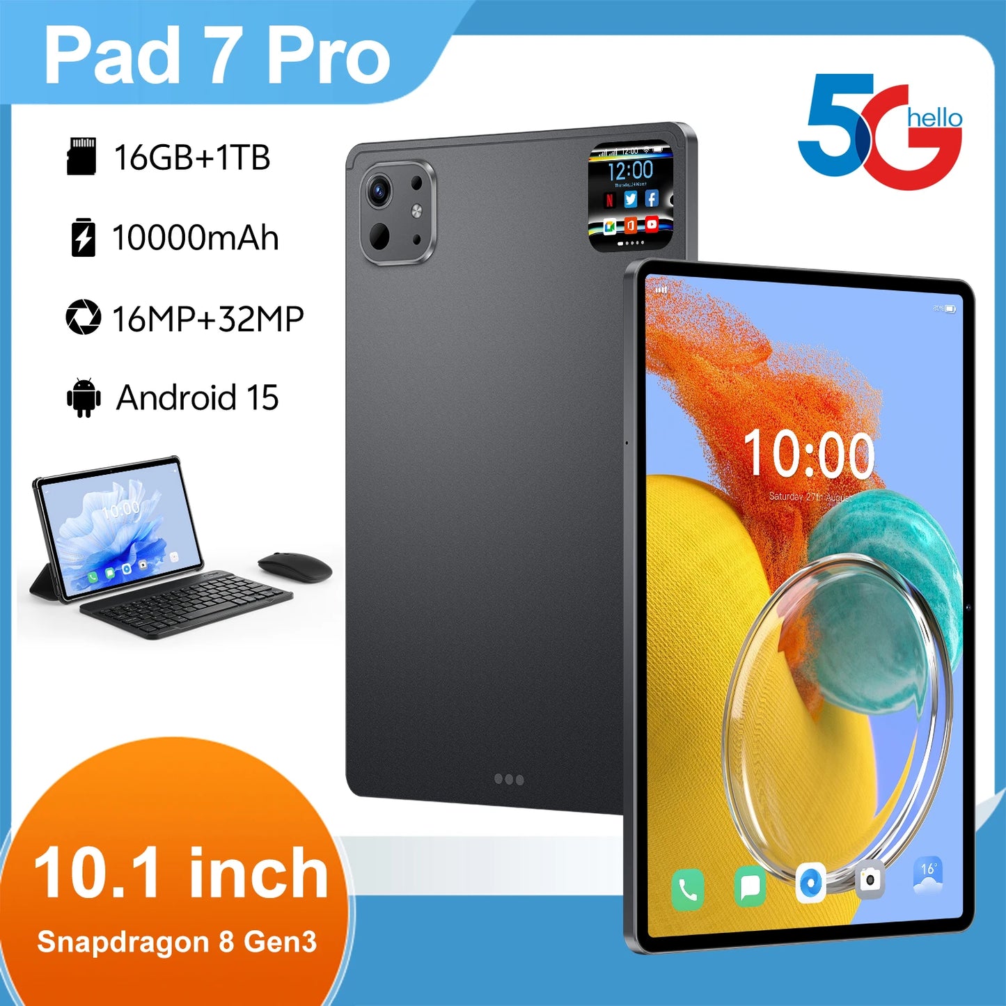 Pro 13 Tablet – 10.1'', 16GB+1TB, 5G WiFi, Fingerprint Unlock, 10000mAh