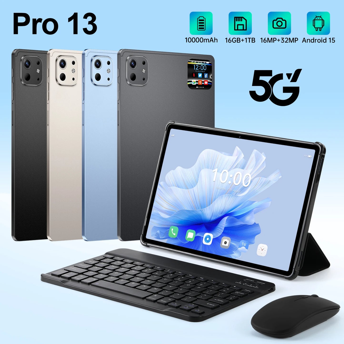 Pro 13 Tablet – 10.1'', 16GB+1TB, 5G WiFi, Fingerprint Unlock, 10000mAh