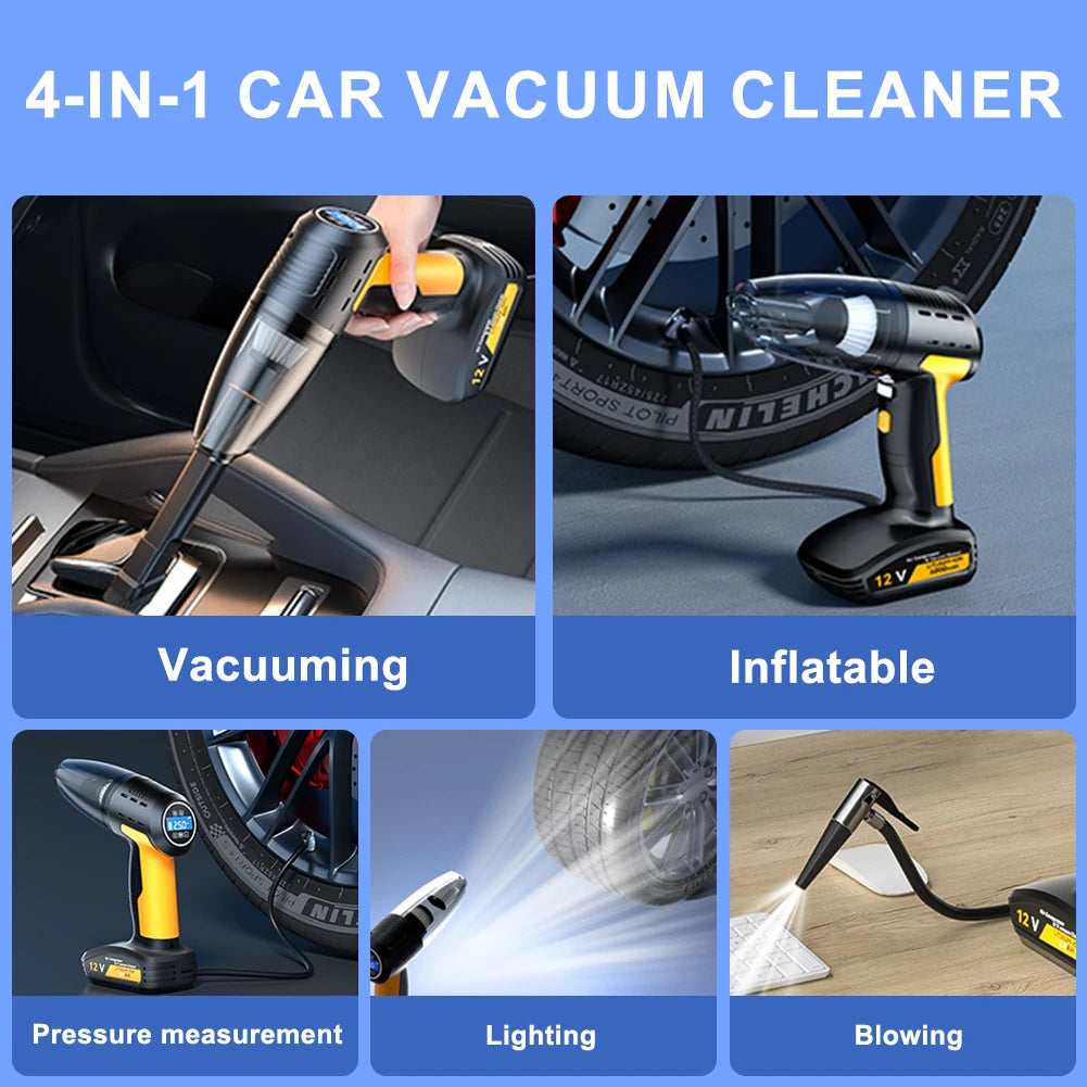 4-in-1 Car Vacuum & Tire Inflator – Cordless, LED, Strong Suction