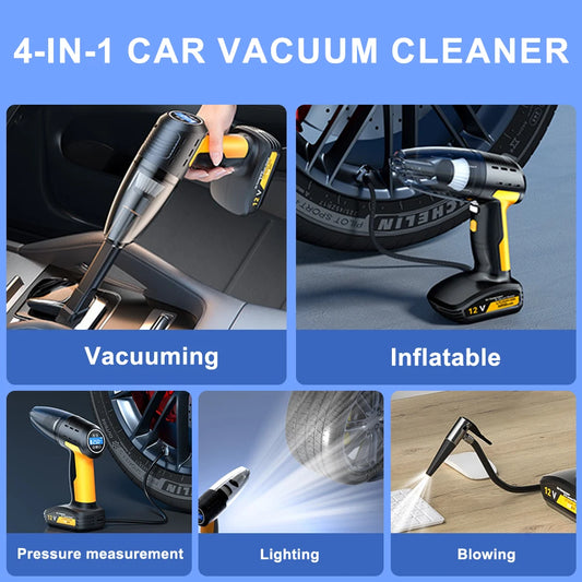 4-in-1 Car Vacuum & Tire Inflator – Cordless, LED, Strong Suction