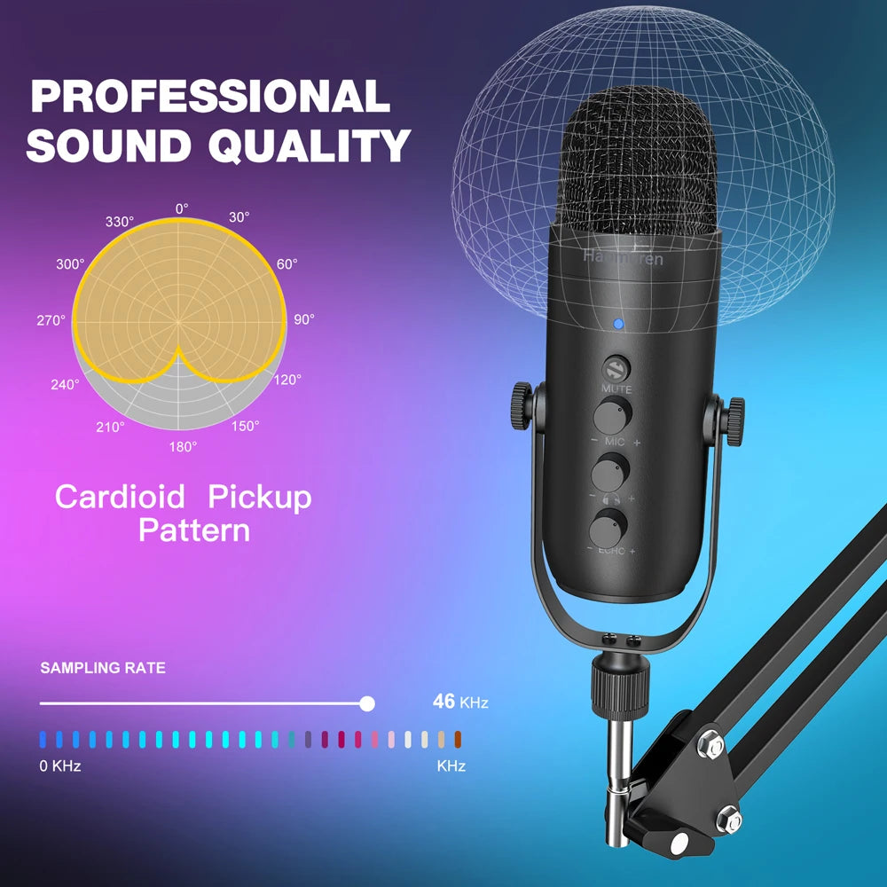 Haomuren USB Streaming Microphone Kit – Cardioid Condenser with Boom Arm