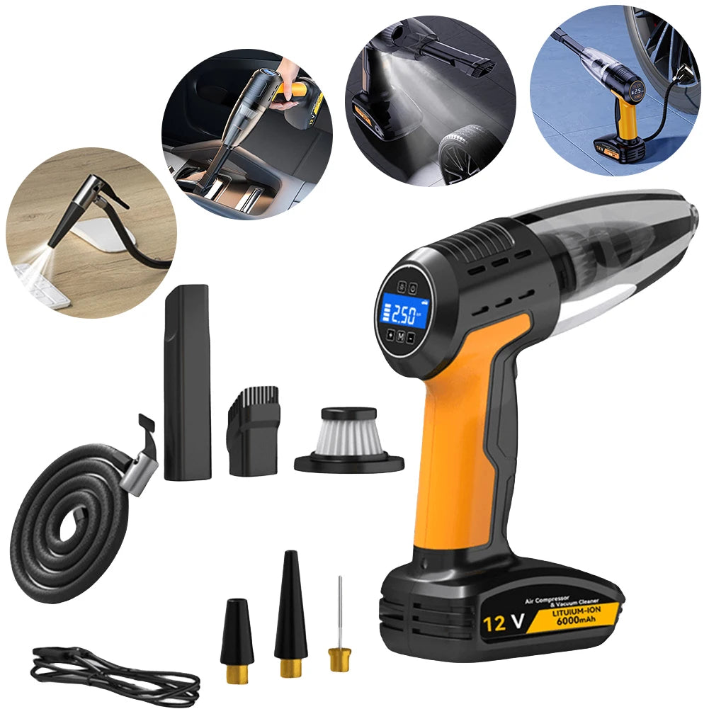 4-in-1 Car Vacuum & Tire Inflator – Cordless, LED, Strong Suction