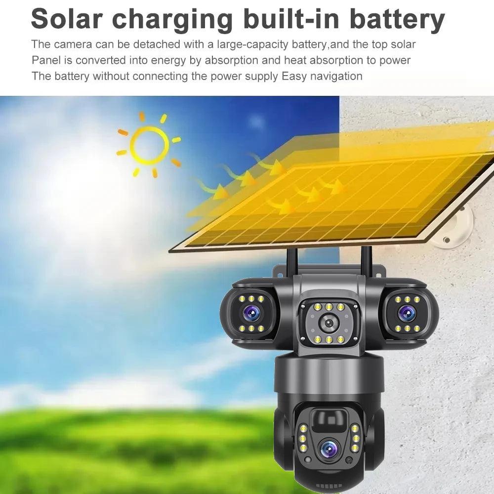 Solar 4G Outdoor Security Camera – 3 Lens, 10X Zoom, Night Vision