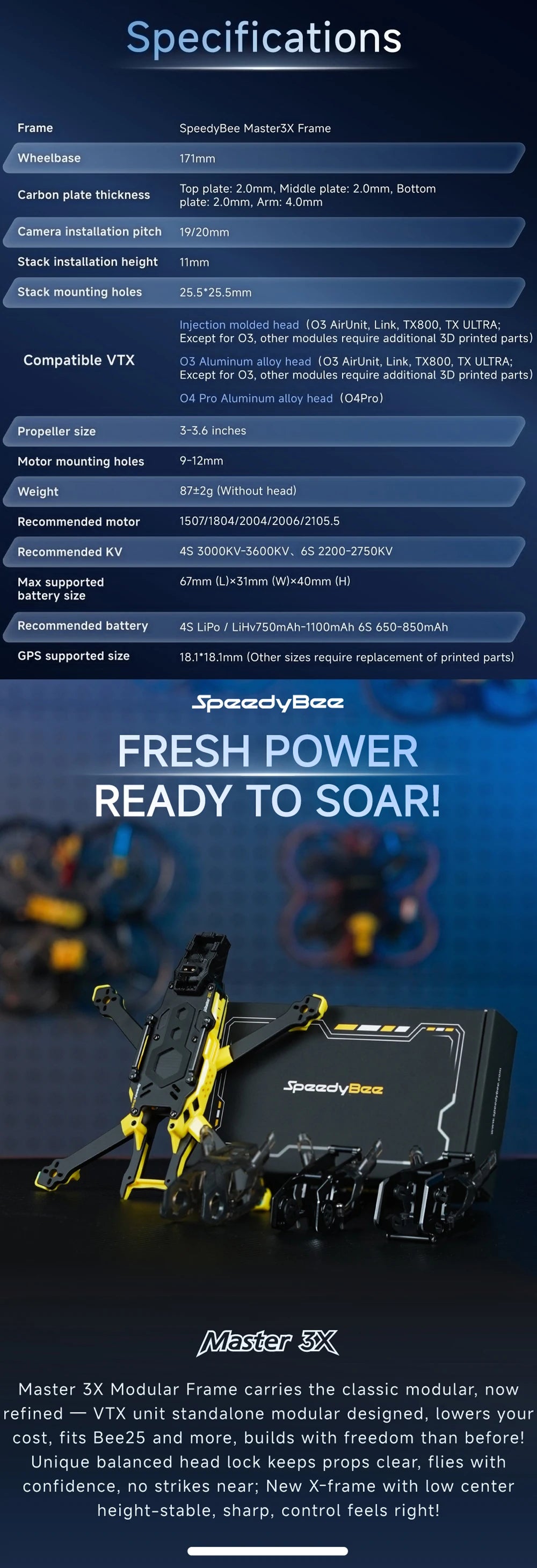 SpeedyBee Master3X Modular X-Frame 3-3.6 Inch FPV Drone Frame