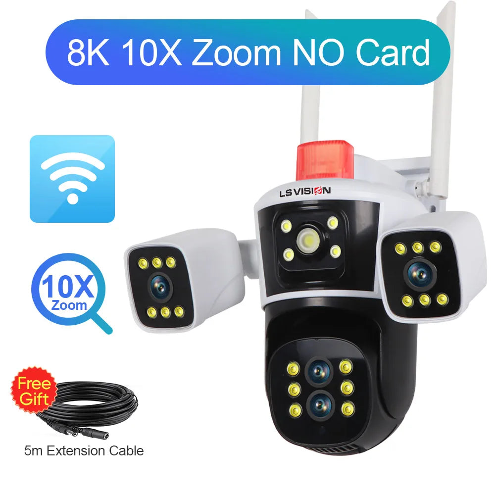 LS Vision 8K 16MP WiFi Camera – 4 Lens, 360° PTZ Outdoor Security