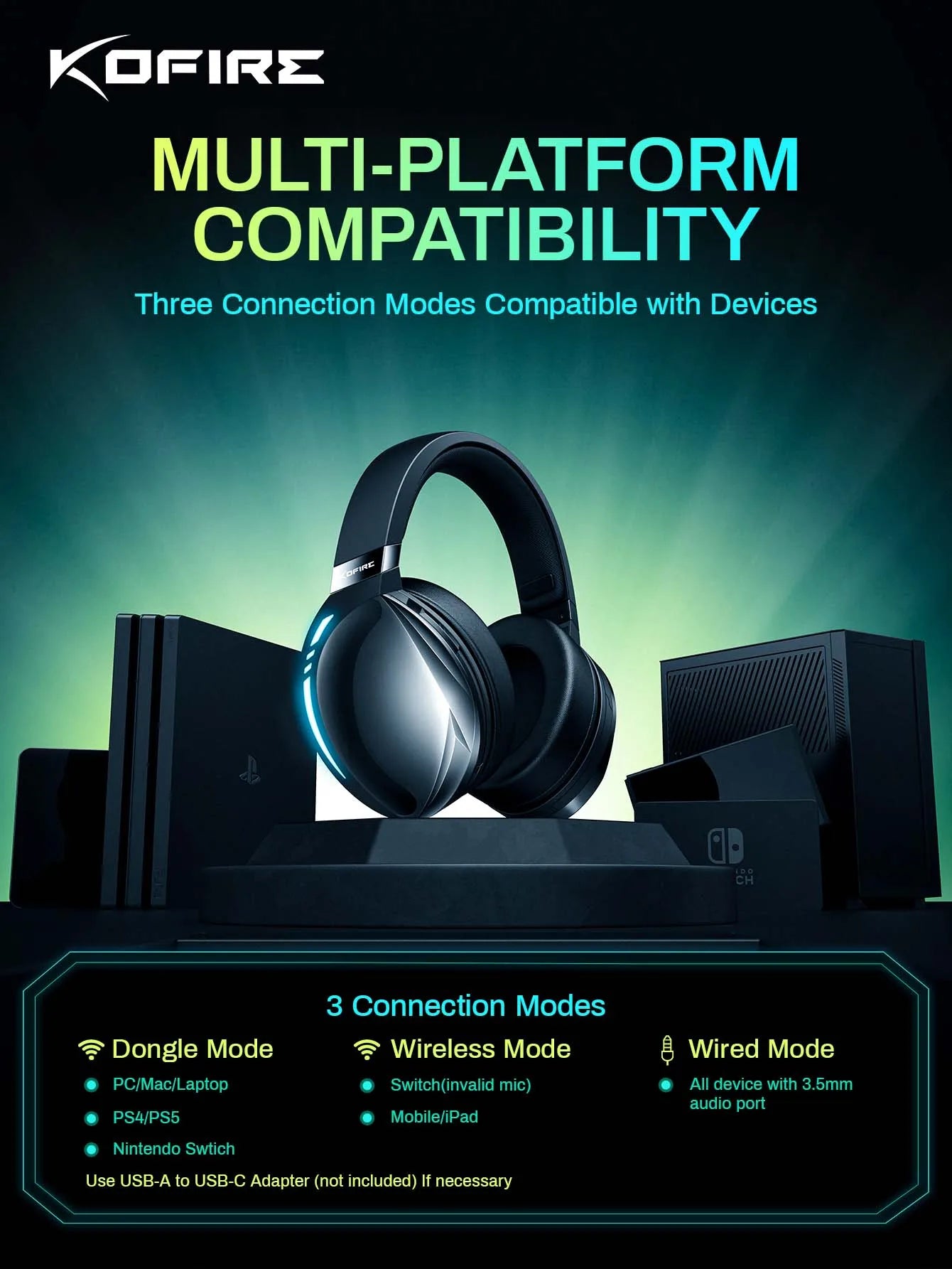 Kofire UG-06 Gaming Headset – Wireless 2.4G/Bluetooth, RGB, Low Latency