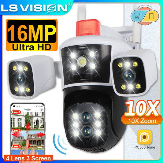 LS Vision 8K 16MP WiFi Camera – 4 Lens, 360° PTZ Outdoor Security