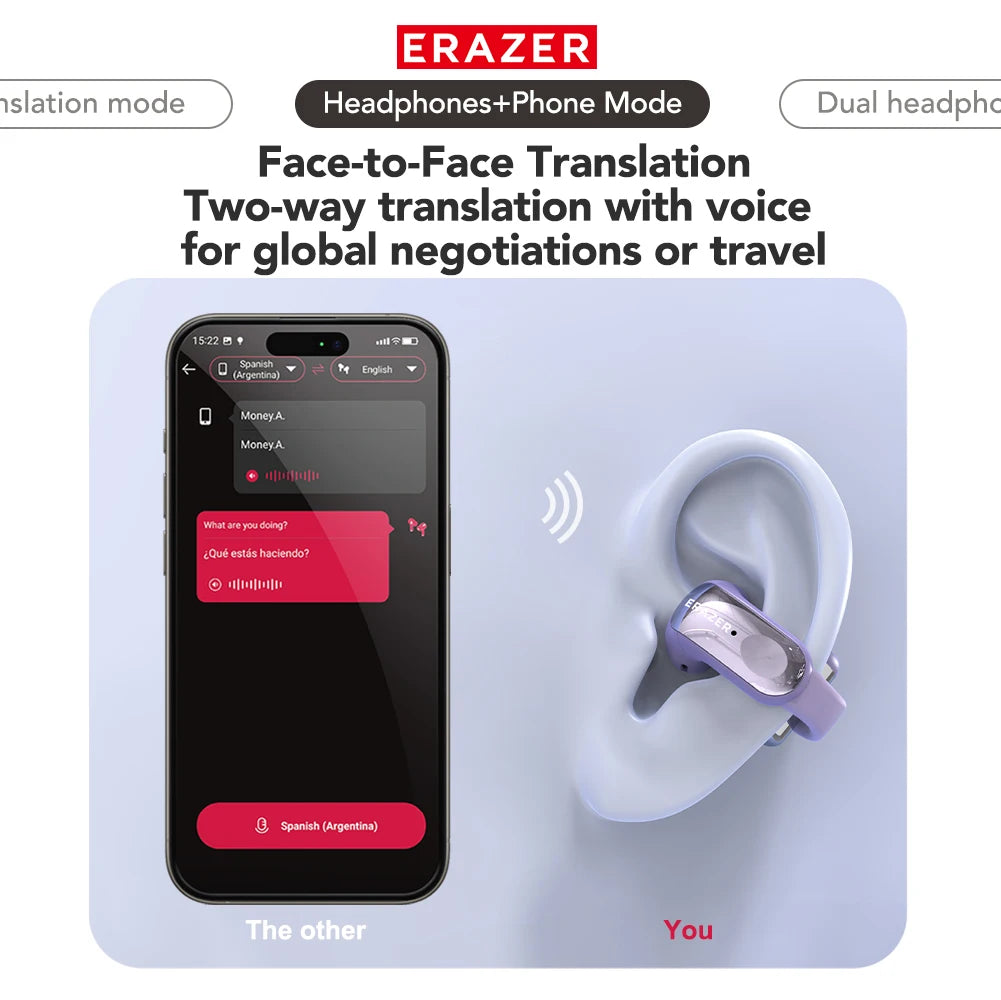 ERAZER XF28 Bluetooth 6.0 Open-Ear Translator Earbuds – Wireless for Travel & Office