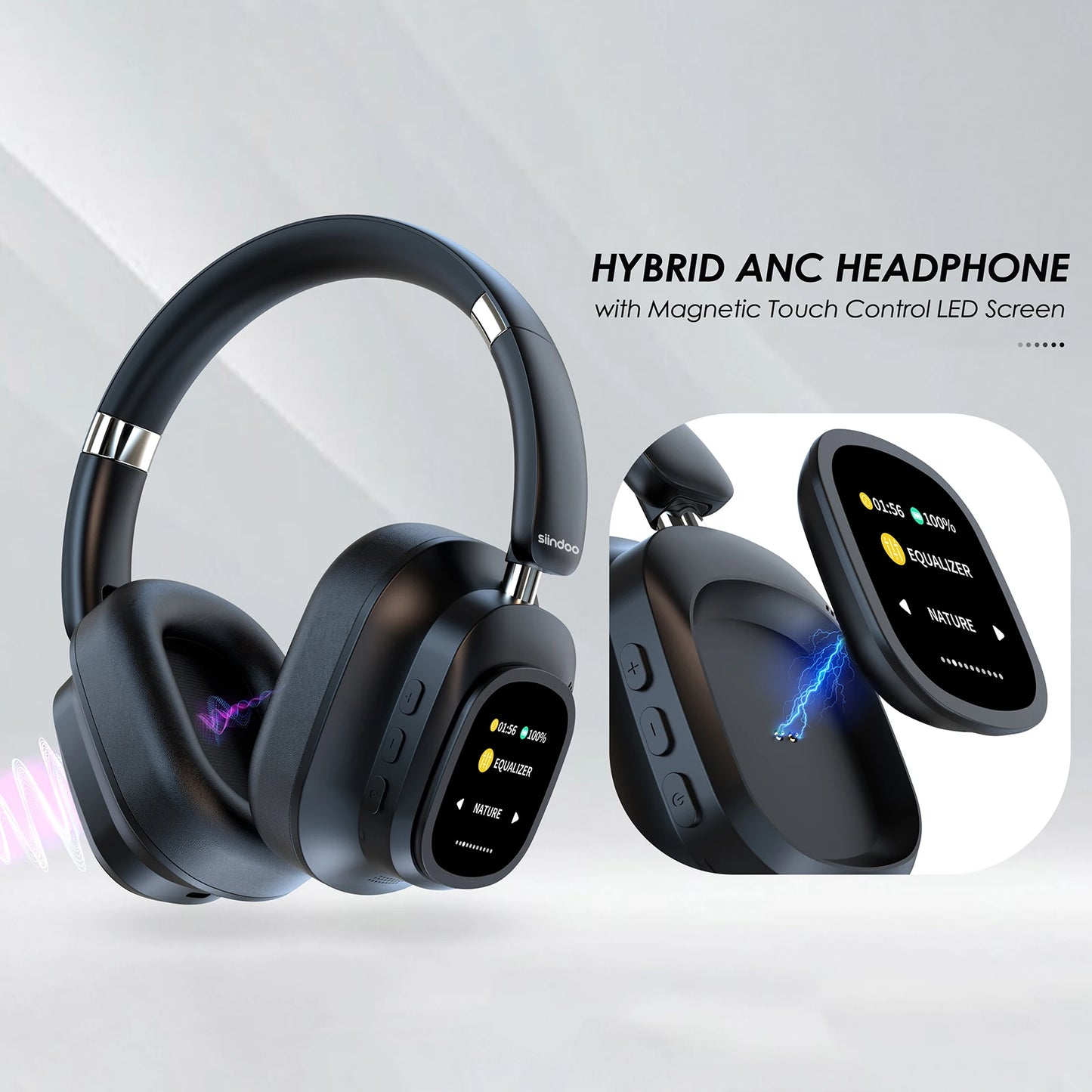 Siindoo JH-ANC930Plus Wireless Headphones – Hybrid ANC, Touch Control, LED Screen
