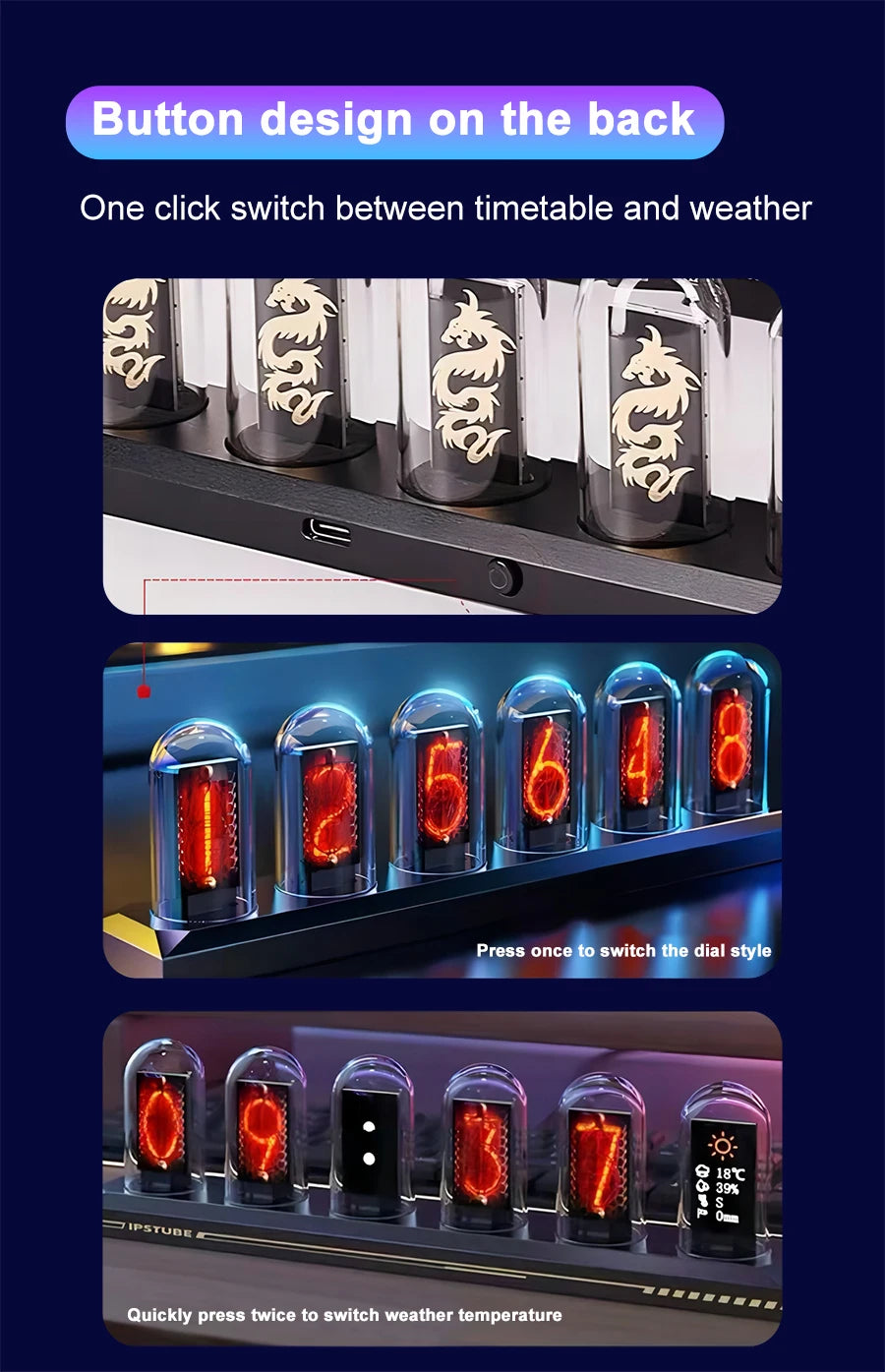 RGB Nixie Tube Clock – LED Glow, IPS Screen, DIY Desktop Decor