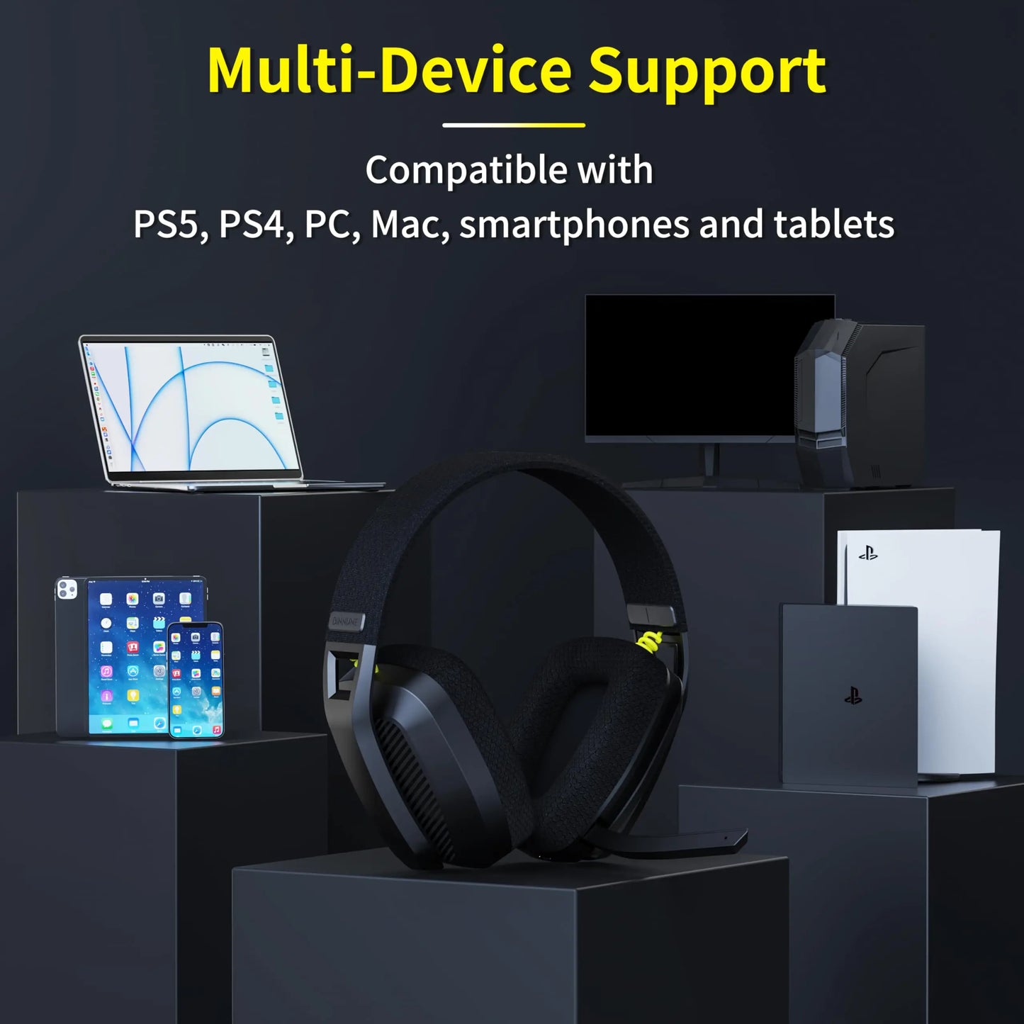 BINNUNE BW06 Wireless Gaming Headset – 2.4GHz & Bluetooth, Mic for PS5/PC