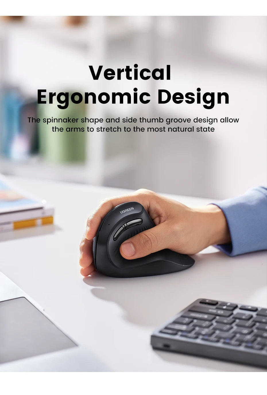 UGREEN Vertical Wireless Mouse – Bluetooth 5.0, 4000DPI, Ergonomic