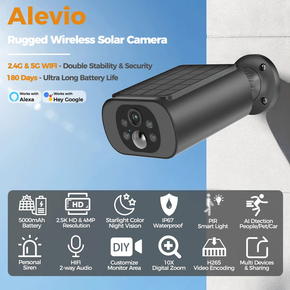 ALEVIO Solar WiFi Camera – 2.5K Outdoor Security, PIR & Night Vision