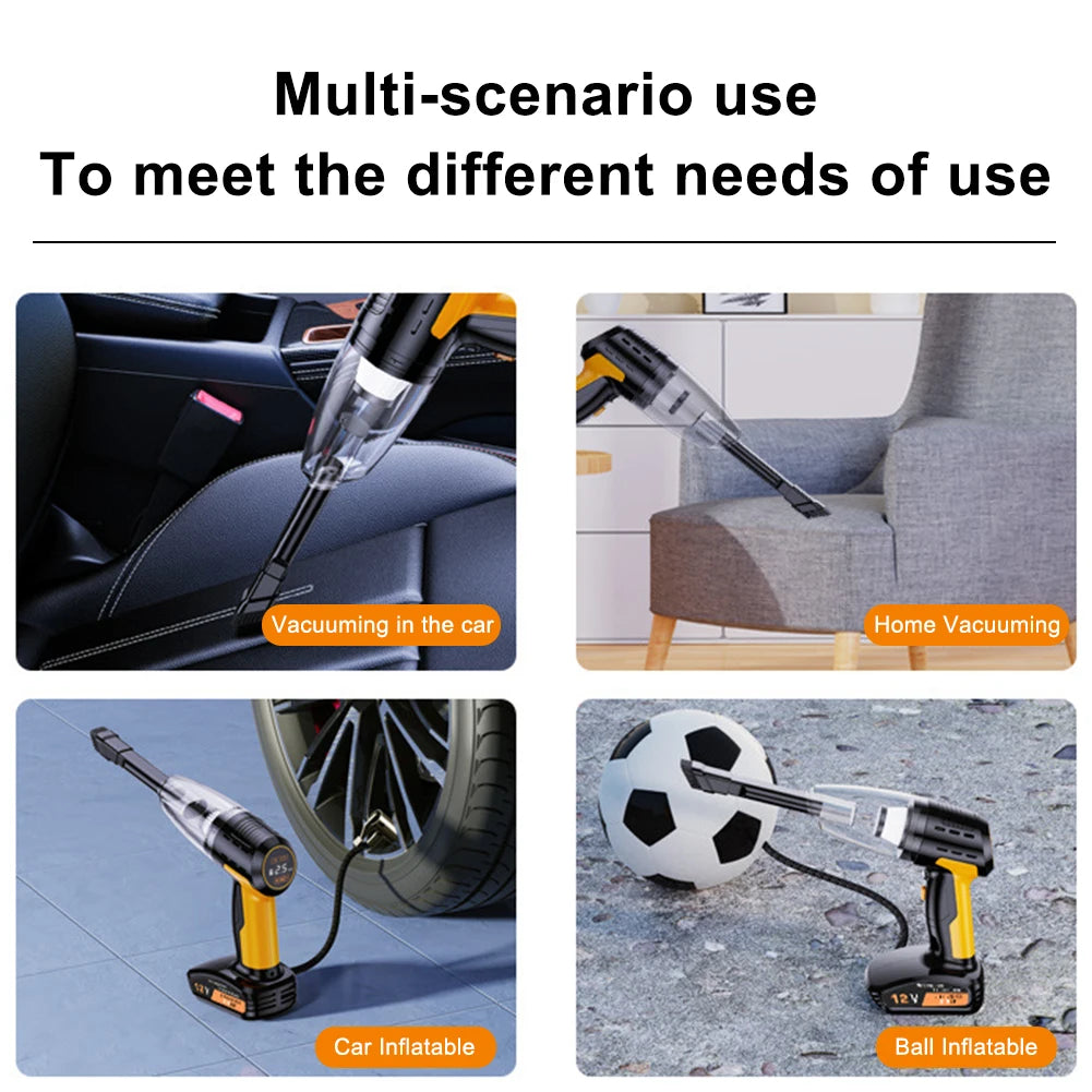 4-in-1 Car Vacuum & Tire Inflator – Cordless, LED, Strong Suction