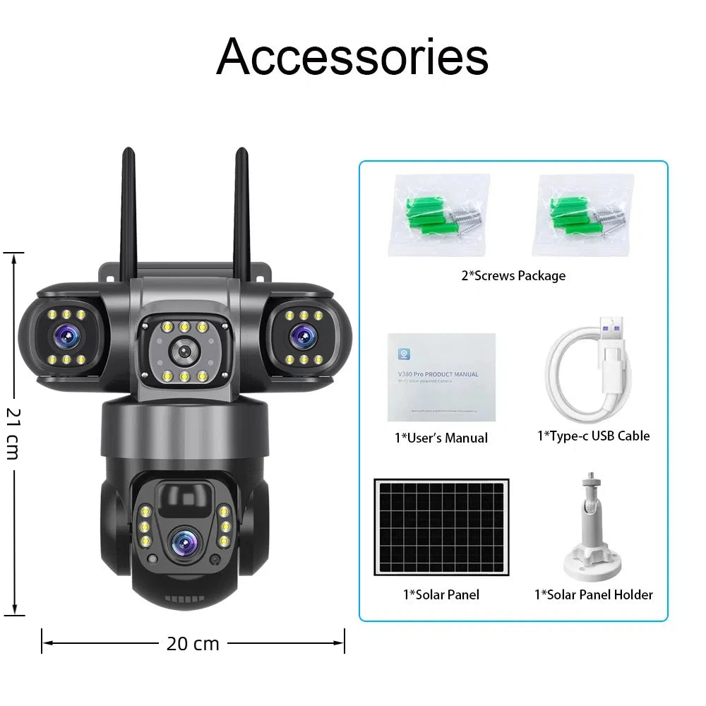 Solar 4G Outdoor Security Camera – 3 Lens, 10X Zoom, Night Vision