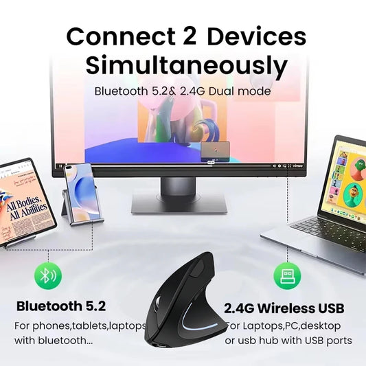 Vertical Ergonomic Mouse – Dual Mode 2.4G & Bluetooth, RGB, Silent 1600DPI