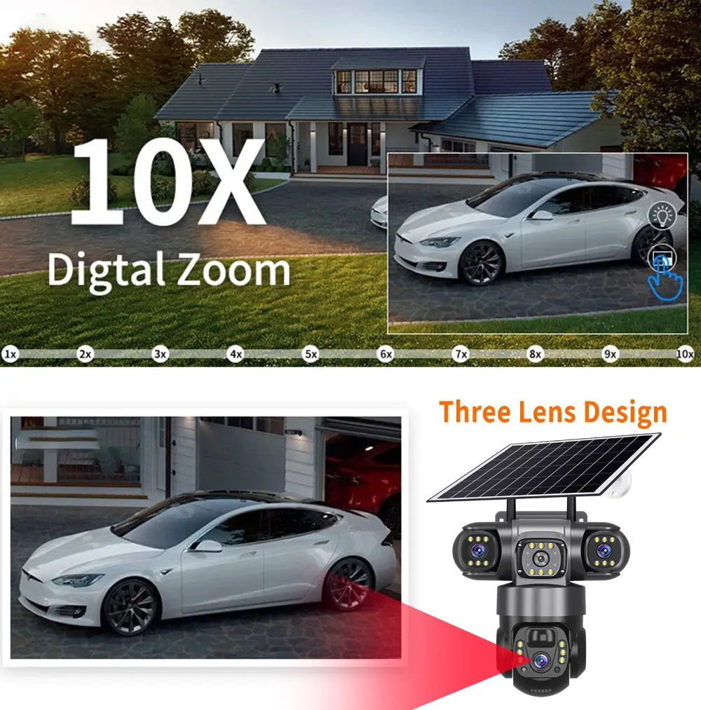 Solar 4G Outdoor Security Camera – 3 Lens, 10X Zoom, Night Vision
