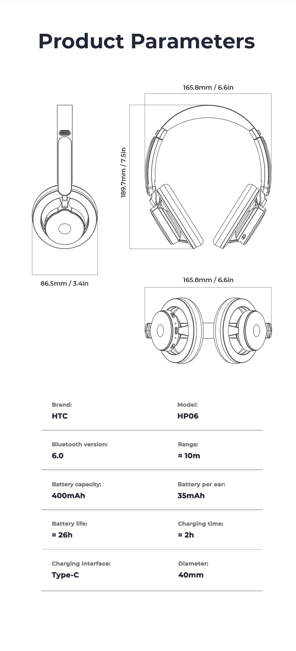 HTC HP06 Bluetooth 6.0 Wireless Open-Ear Headphones – Foldable & Lightweight