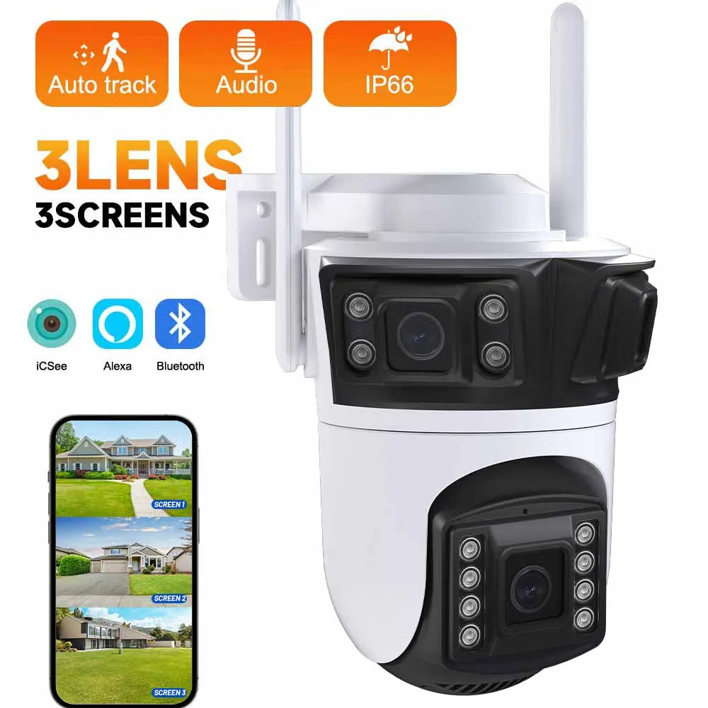 6K HD PTZ Outdoor WiFi Camera – 3 Lens, Auto Tracking Security