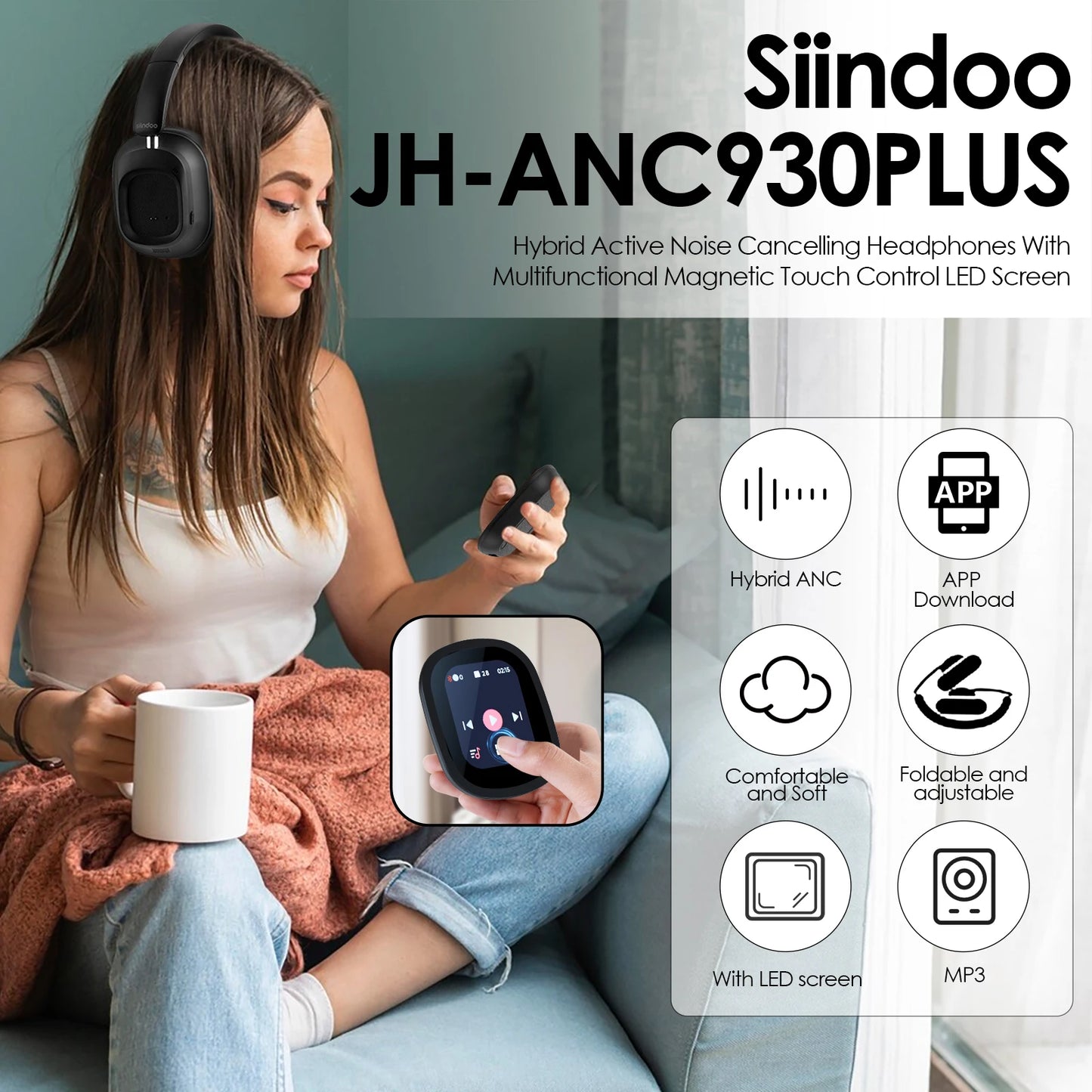 Siindoo JH-ANC930Plus Wireless Headphones – Hybrid ANC, Touch Control, LED Screen