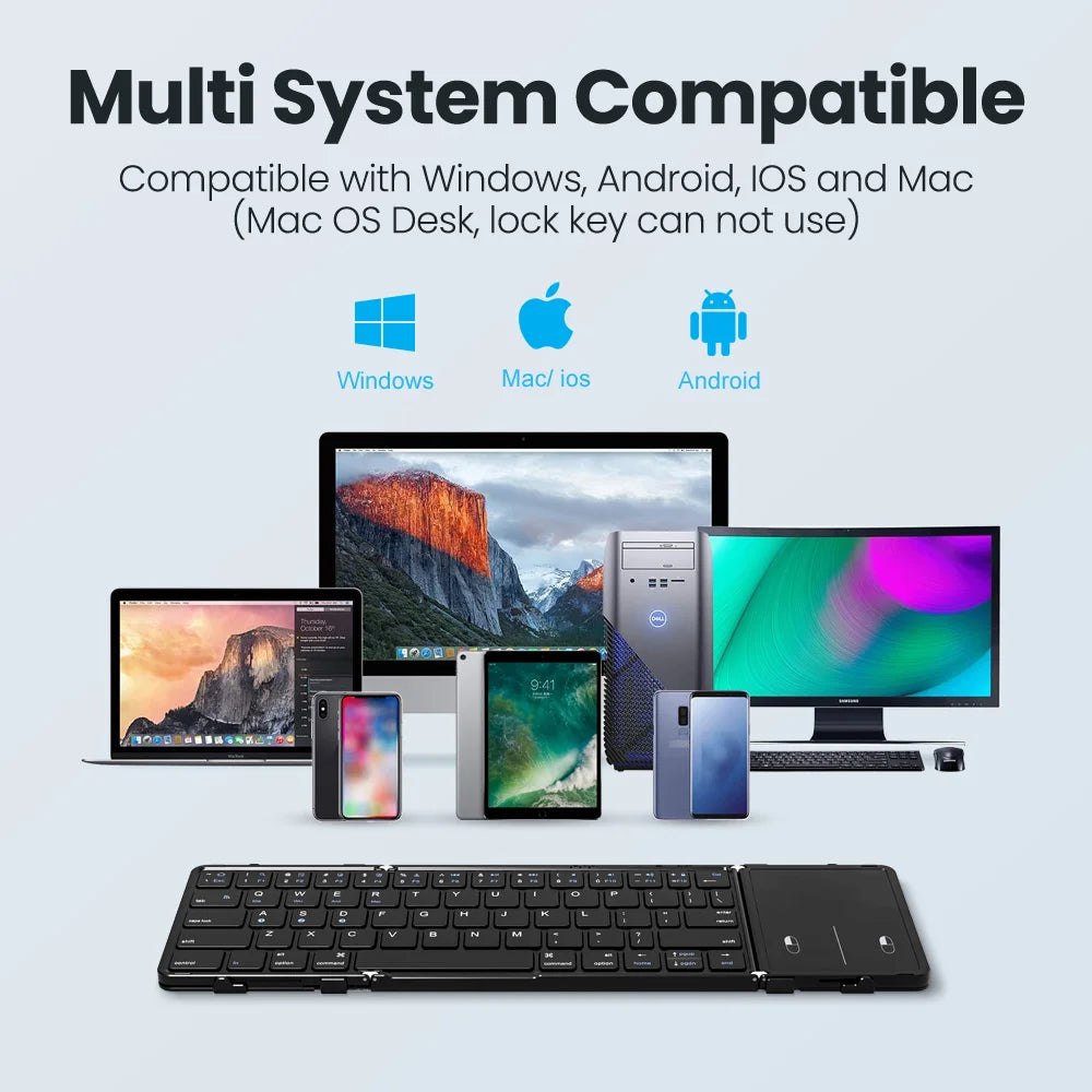 Folding Bluetooth Keyboard with Touchpad – Wireless, 3-Device Support, PU Leather