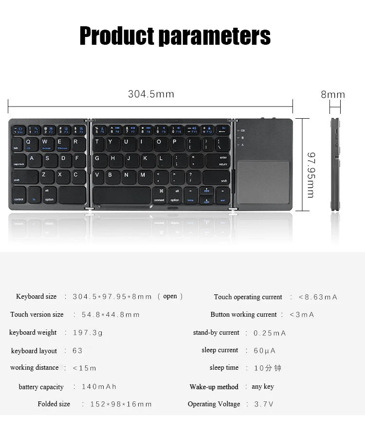 Folding Bluetooth Keyboard with Touchpad – Mini Wireless, Universal 3-System