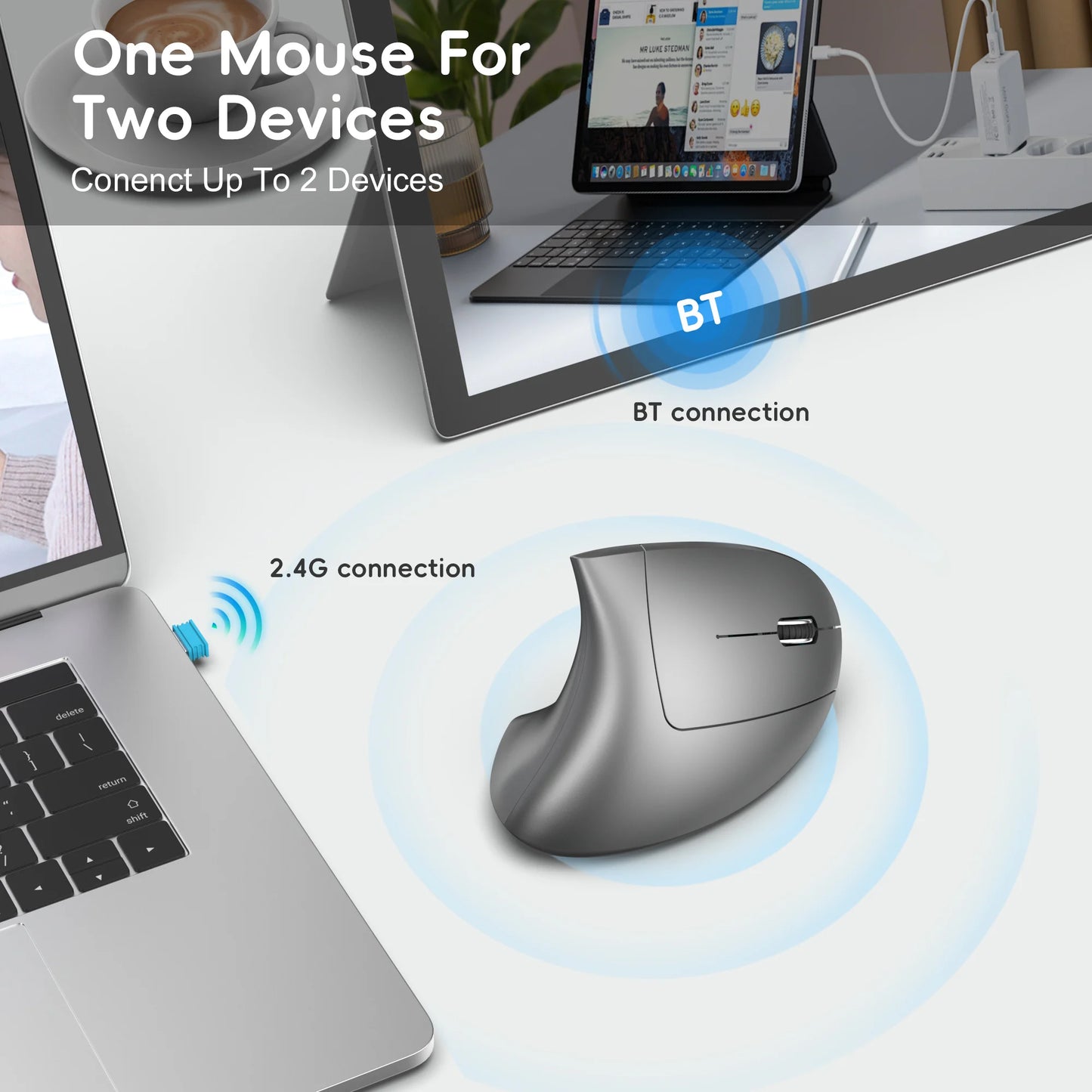 HXSJ Dual-Mode Vertical Mouse – Ergonomic, 2400DPI, Rechargeable