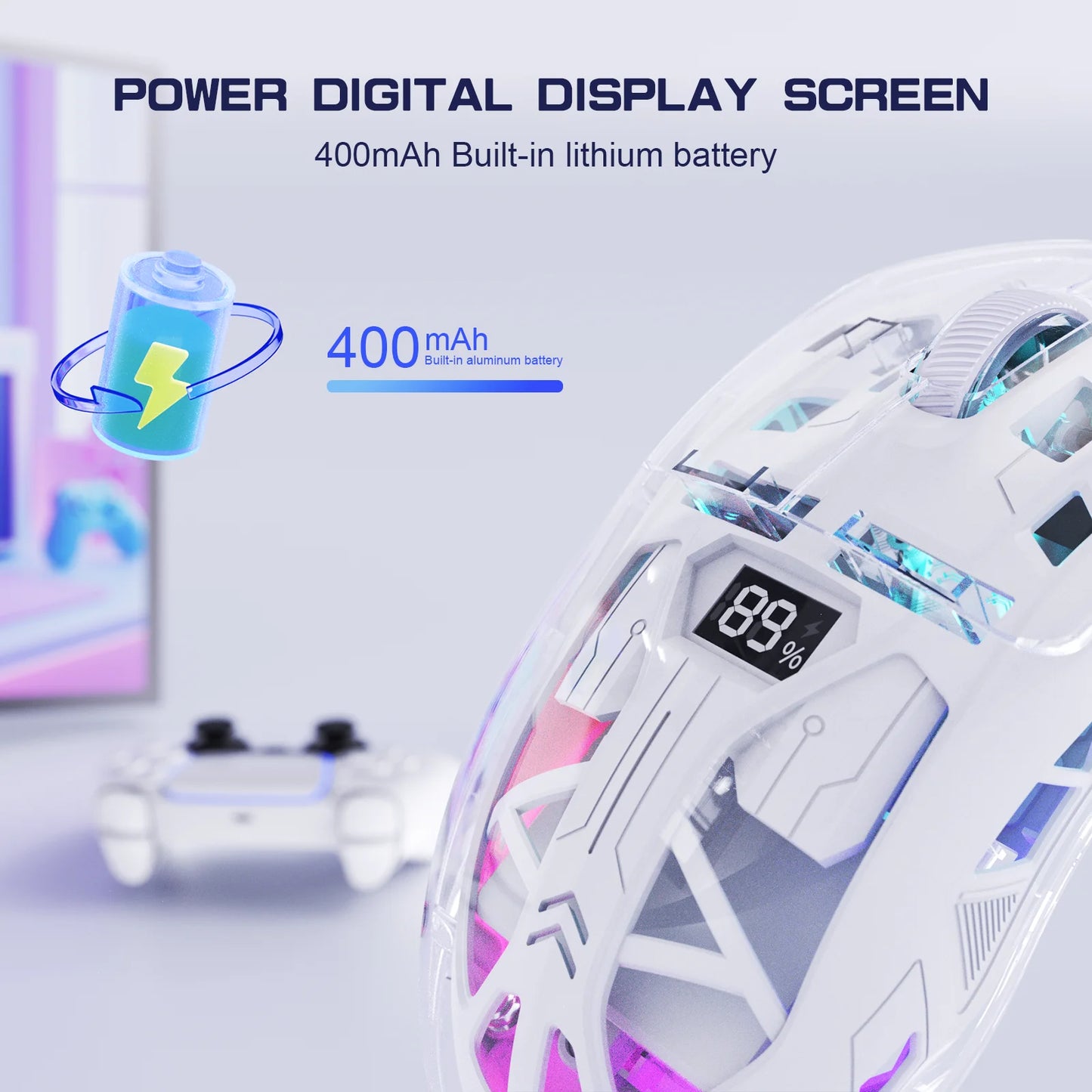 FreeWolf A2 Transparent RGB Gaming Mouse – Wireless, Battery Display, Dual Mode
