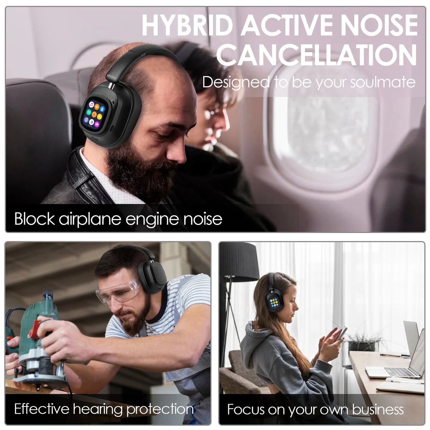 Siindoo JH-ANC930Plus Wireless Headphones – Hybrid ANC, Touch Control, LED Screen