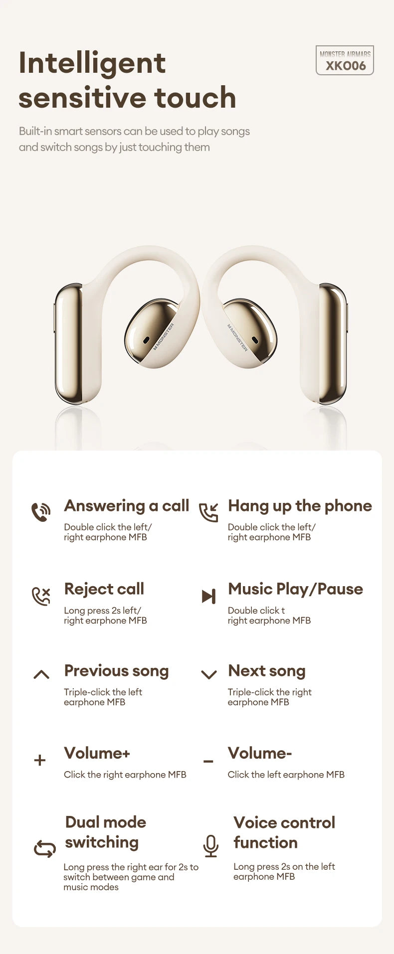 Monster XKO06 Earbuds – Wireless Bluetooth 5.4, Stereo, Noise Reduction, Sport