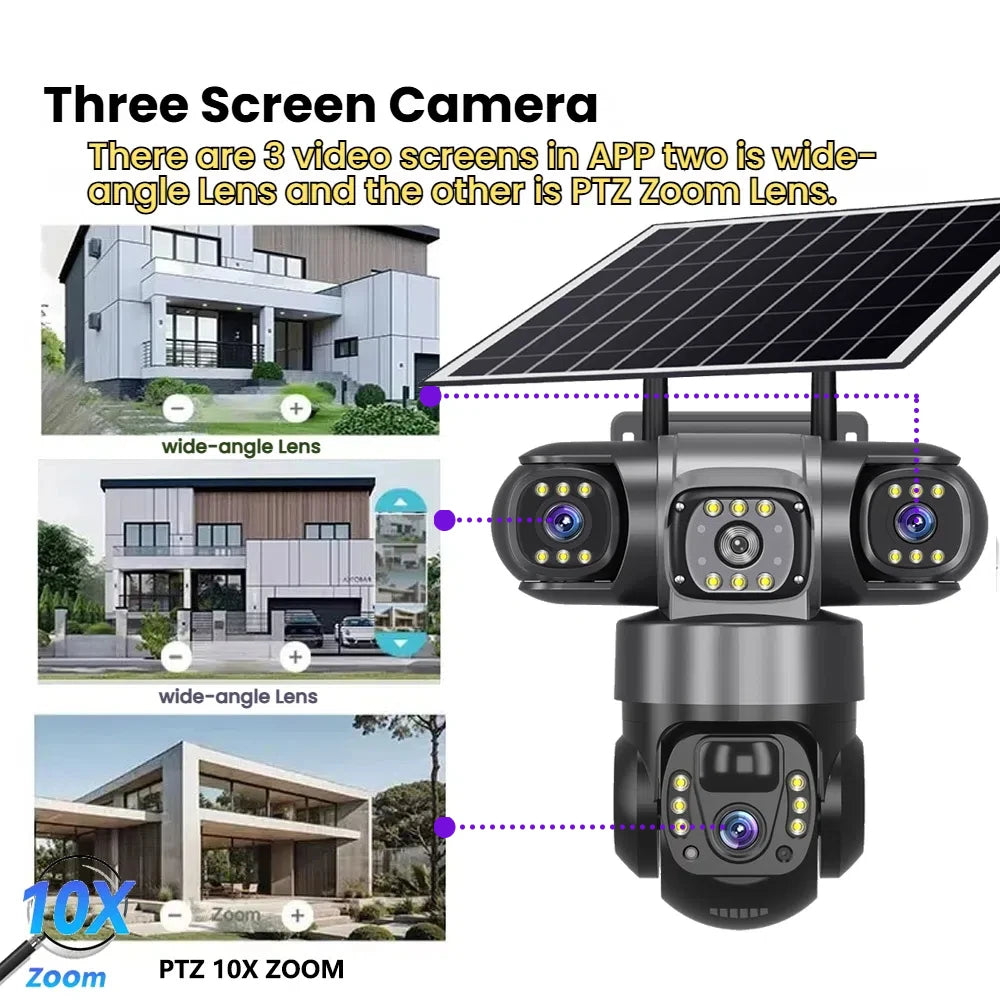 Solar 4G Outdoor Security Camera – 3 Lens, 10X Zoom, Night Vision
