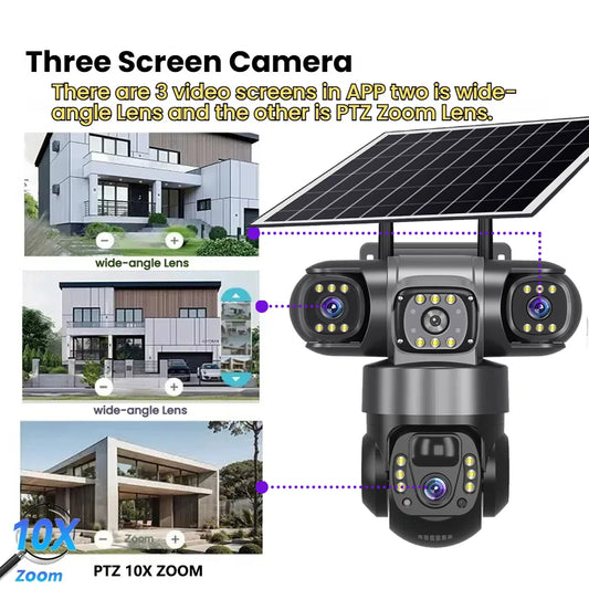 Solar 4G Outdoor Security Camera – 3 Lens, 10X Zoom, Night Vision