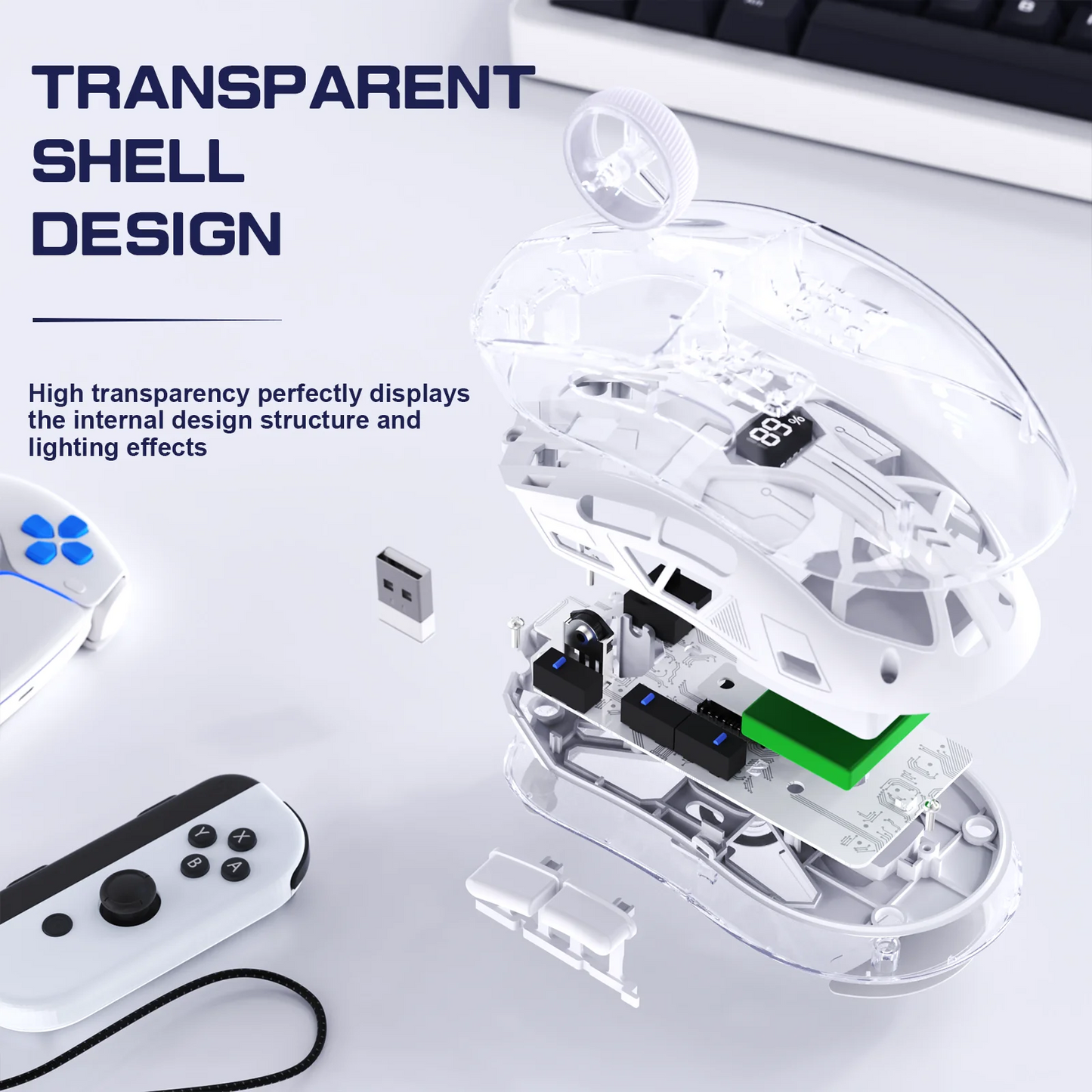 FreeWolf A2 Transparent RGB Gaming Mouse – Wireless, Battery Display, Dual Mode