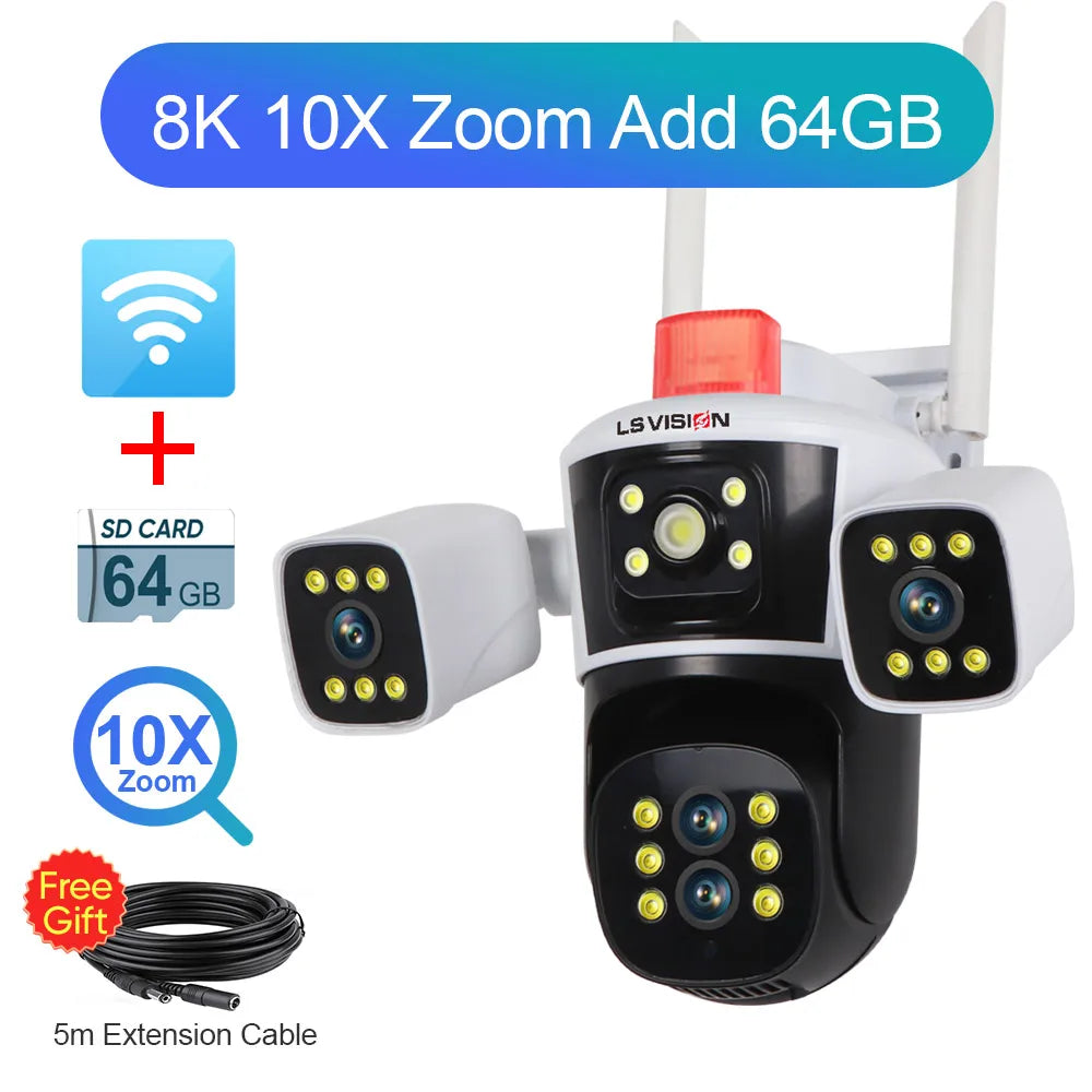 LS Vision 8K 16MP WiFi Camera – 4 Lens, 360° PTZ Outdoor Security