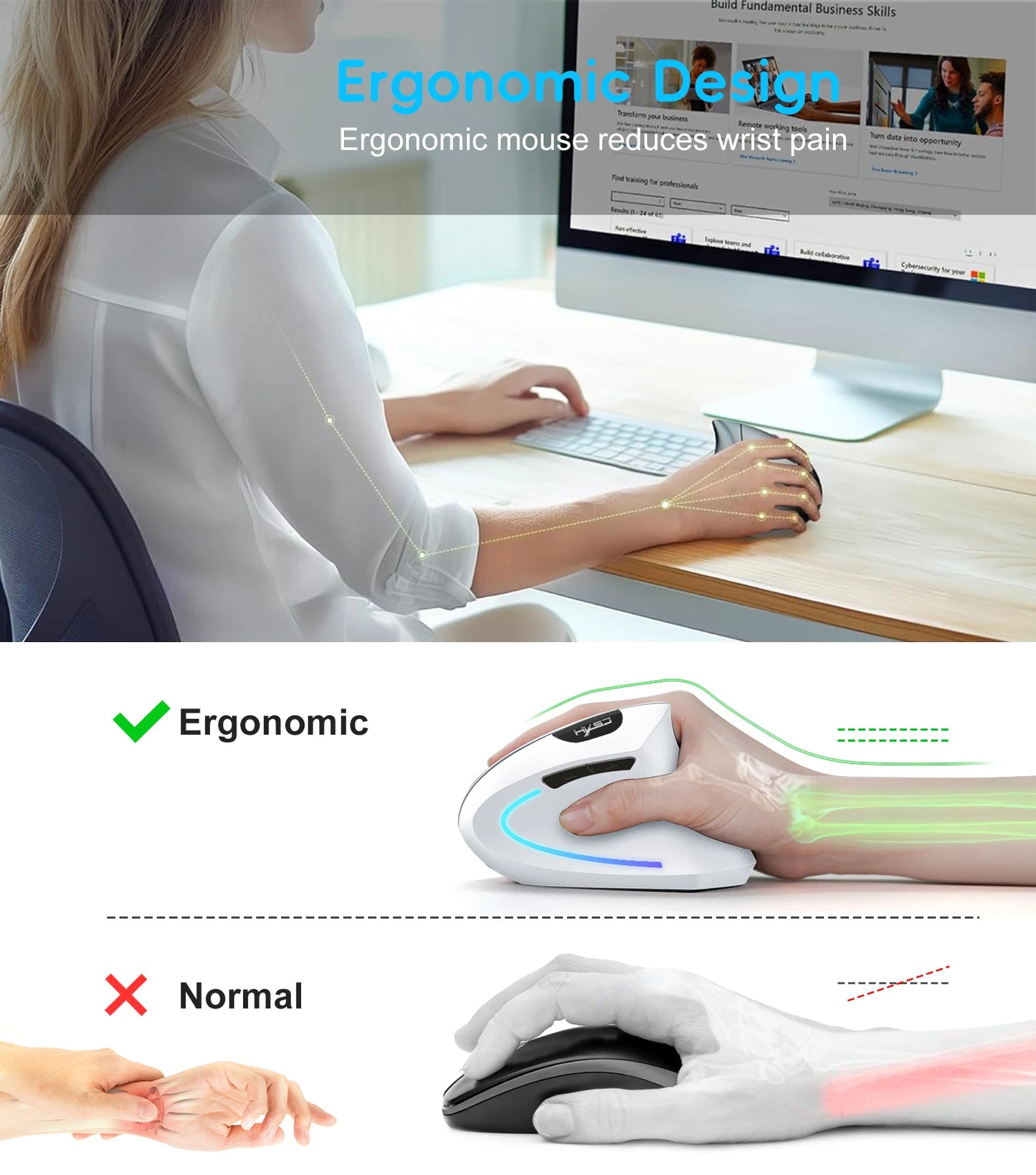 HXSJ Dual-Mode Vertical Mouse – Ergonomic, 2400DPI, Rechargeable