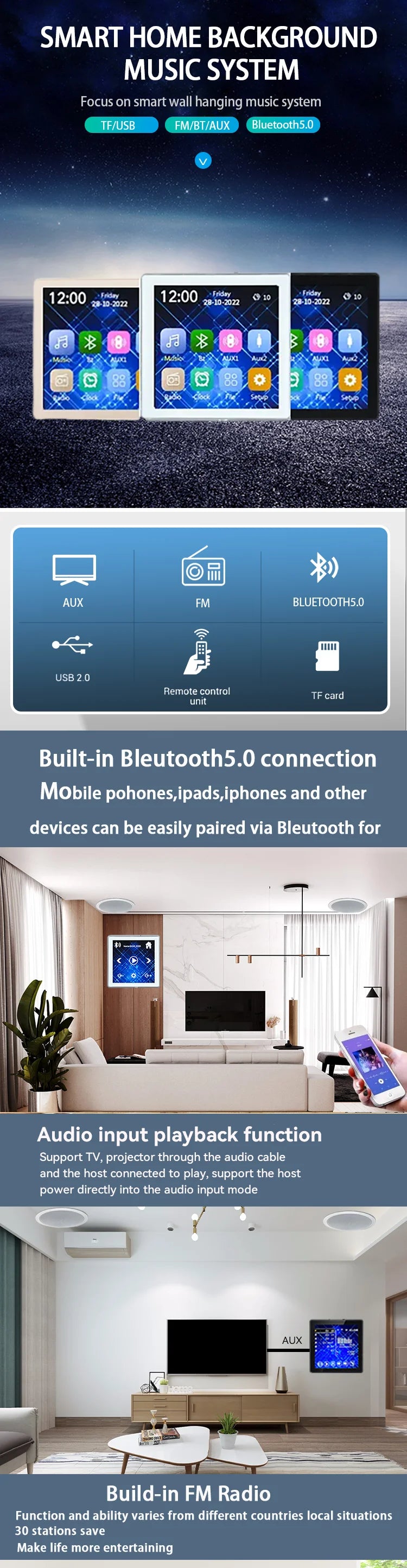 Mini Touch Screen Bluetooth Wall Amplifier – 4×25W Stereo PA System