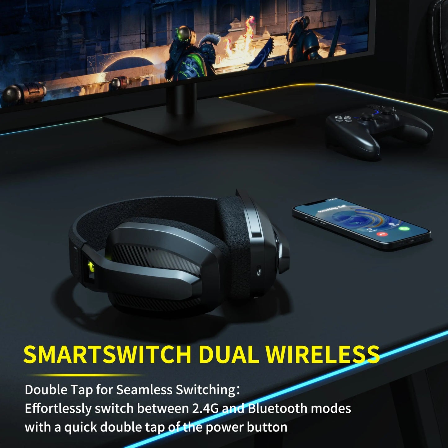 BINNUNE BW06 Wireless Gaming Headset – 2.4GHz & Bluetooth, Mic for PS5/PC