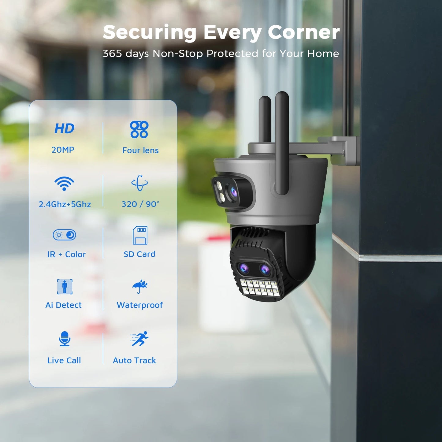 20MP Outdoor WiFi Camera – 4 Lens, 10X Zoom, Auto Tracking