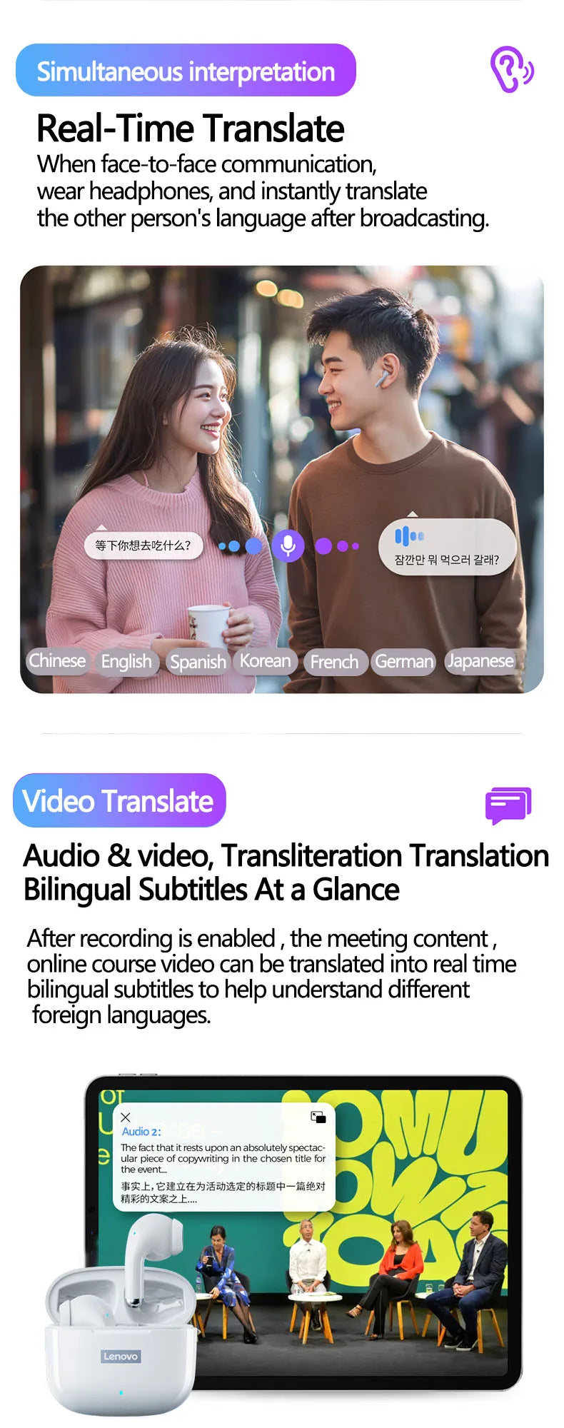Lenovo LP40 Pro TWS Earbuds – Real-Time Translation, Bluetooth, AI, Travel