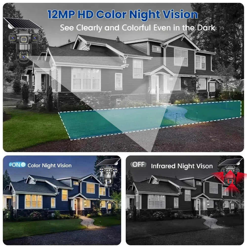 Solar 4G Outdoor Security Camera – 3 Lens, 10X Zoom, Night Vision