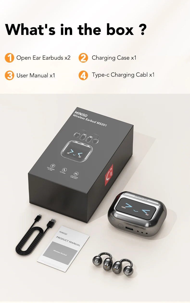 MINISO MS201 Bluetooth EarClip Headphones – AI Translator, 60H Playtime