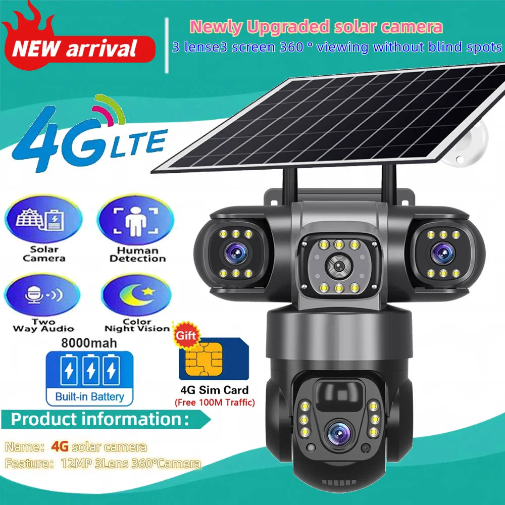 Solar 4G Outdoor Security Camera – 3 Lens, 10X Zoom, Night Vision